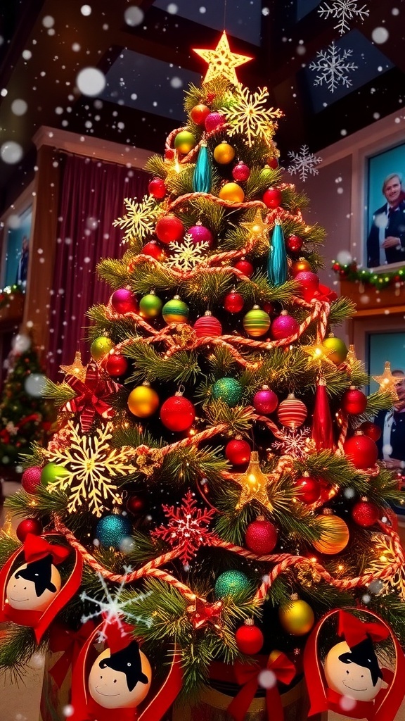 A festive Christmas tree with lights and ornaments, with snowflakes in the background.